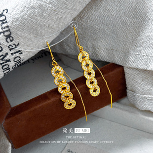 微镶钻钱币耳线越南沙金复古耳环年新款仿真金色耳饰长款流苏百搭