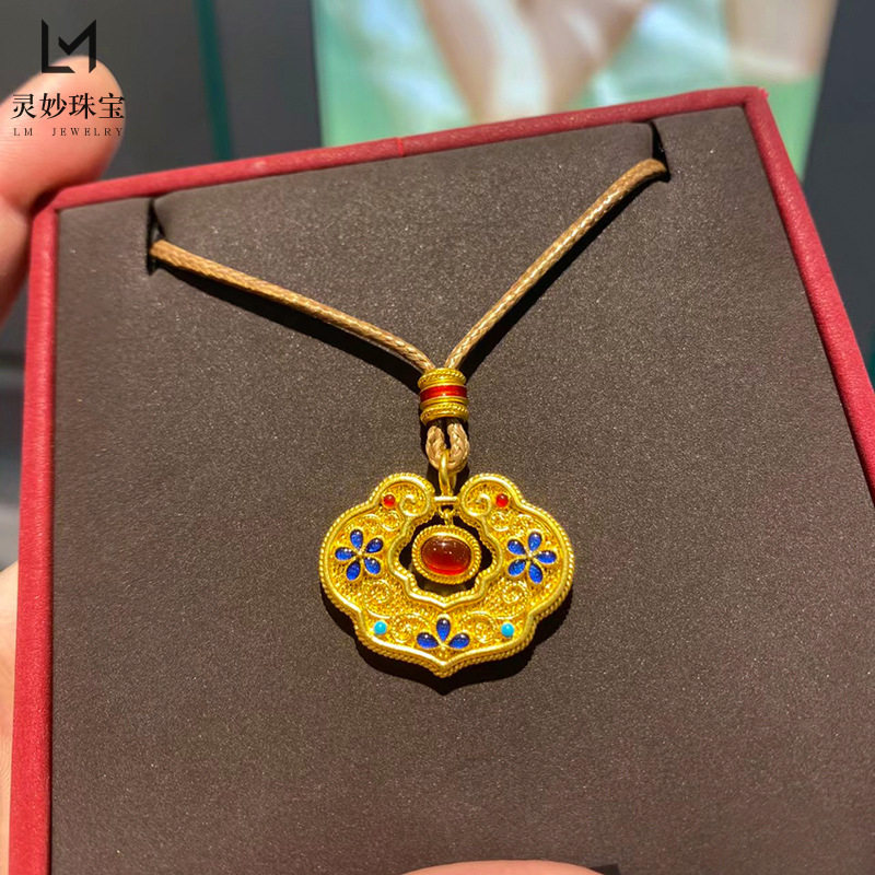 沙金花丝凤华如意蓝色的花锁包吊坠皮绳项链平安锁毛衣链送女