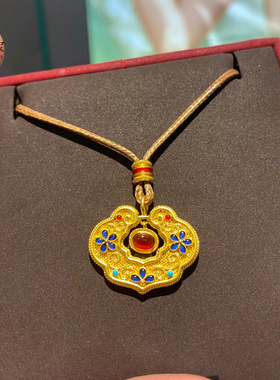 沙金花丝凤华如意蓝色的花锁包吊坠皮绳项链平安锁毛衣链送女