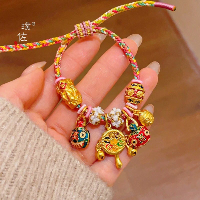 金店同款貔貅拨浪鼓吞金兽一家三口国风轻奢手绳沙金编绳手链沙金
