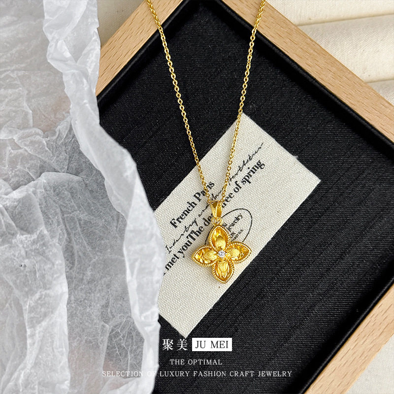 古法金越南沙金四叶草项链 越南沙金花丝吊坠高级感锁骨链
