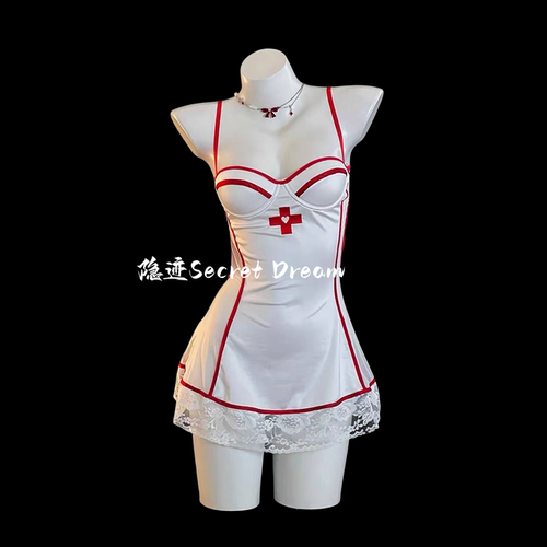 隐迹性感纯欲风甜美护士制服cosplay吊带连身裙带胸垫露背qqny