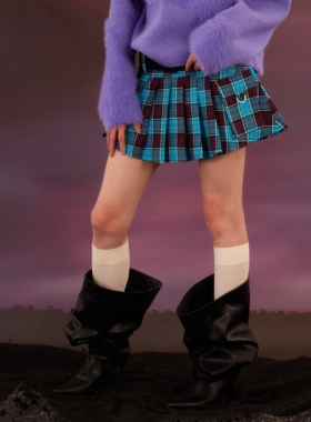 ME3HCHAIN双色格子百搭腰带可拆卸工装口袋半裙甜酷辣妹百褶裙