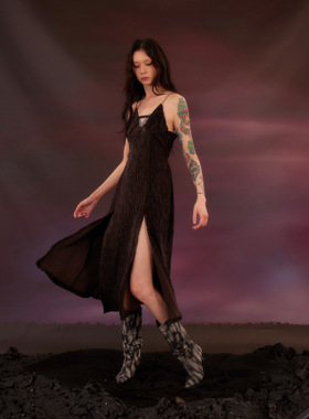 ME3HCHAIN开衩极细吊带收腰显瘦小众长裙