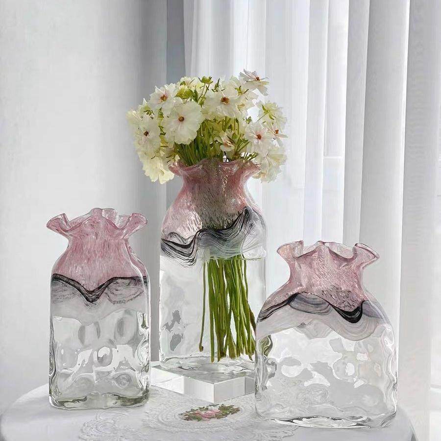 粉色花白水墨花瓶波纹方形花器手工厚重玻璃花瓶客厅插花水培花器