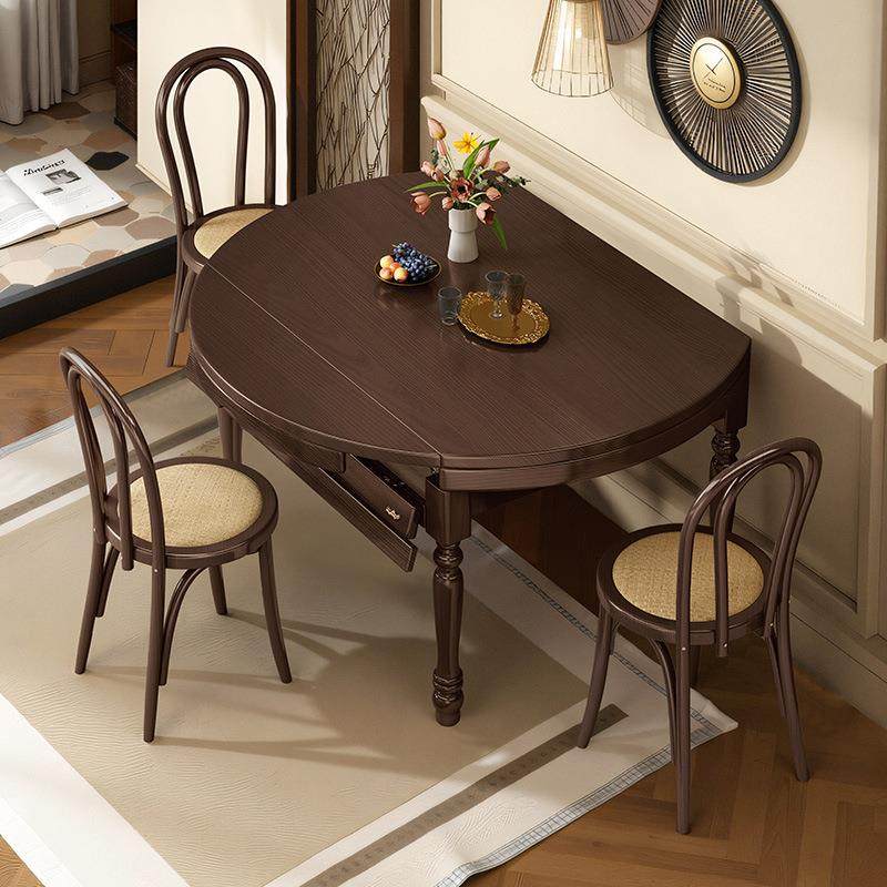 法式复古风可伸缩全实木餐桌圆桌胡桃木色美式折叠饭桌家用小