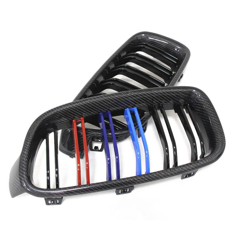 适用于宝马3系F30X5X6F15F16黑碳纤维中网双线中网改装