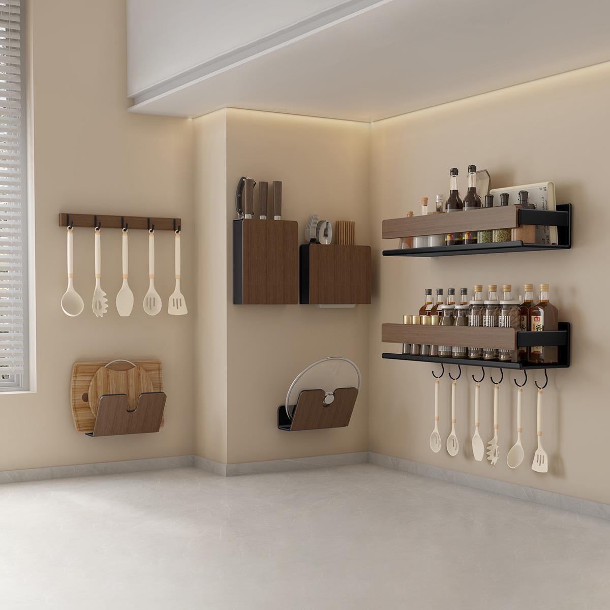 胡桃木厨房挂钩免打孔挂杆锅勺子铲子挂架多功能壁挂式收纳置物架