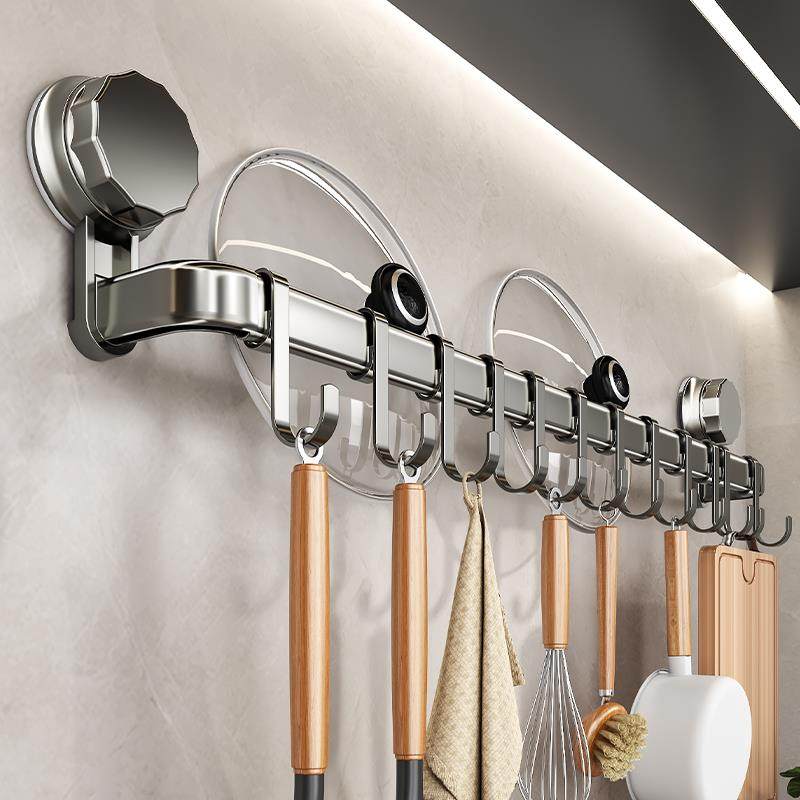 谋生吸盘厨房挂钩免打孔挂杆多功能锅铲勺子铲子置物架壁挂式收纳