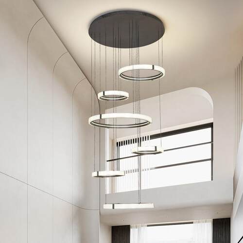 圆环圈圈别墅大厅吊灯2024新款现代简约中空复式楼loft公寓楼梯灯