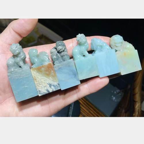 云南天青蓝古兽钮印章一组6方2*2高6-7CM篆刻书法章鸡血寿山石