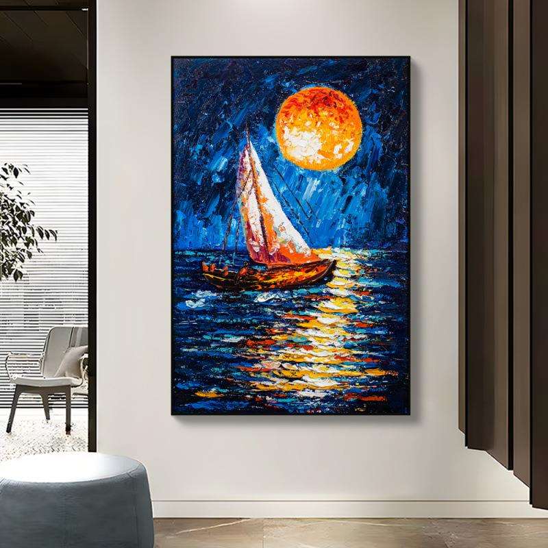 现代立体玄关手工油画 一帆风顺过道竖版走廊装饰画日出帆船80120