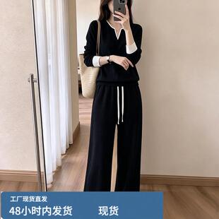 韩版黑色时尚运动服套装女2026春秋季洋气撞色长袖T恤高腰休闲裤