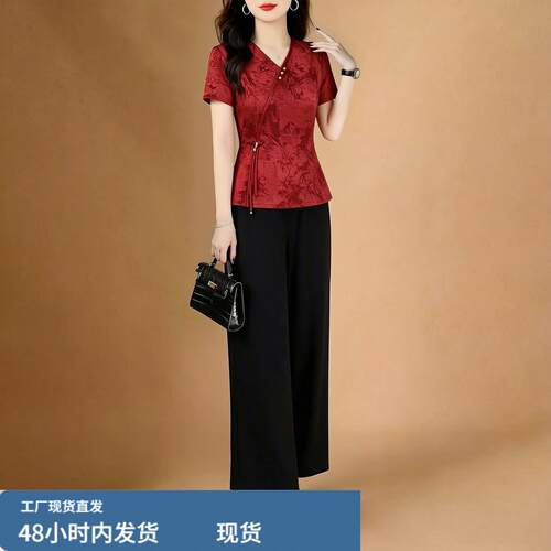 喜婆婆平时穿红色套装时尚妈妈国风女装26夏季新款超火减龄一整套