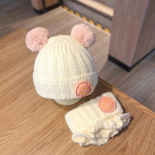 婴儿帽子围巾两件套秋冬季 婴幼儿童针织毛线帽女宝宝护耳可爱保暖