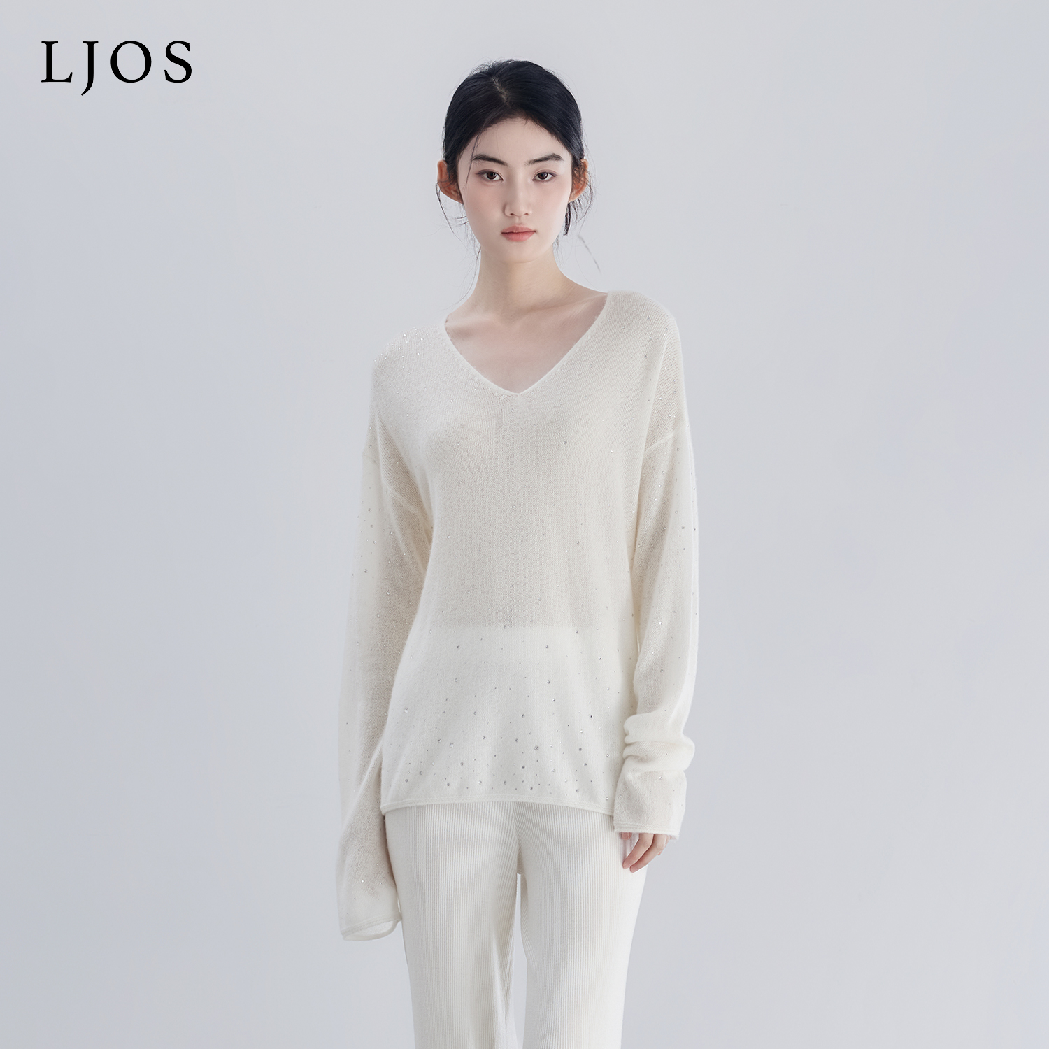 LJOS | 流光白银河碎钻羊绒针织衫2025冬白色烫钻长袖百搭上衣