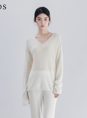 【孙乐言同款】LJOS流光白银河碎钻羊绒针织衫2025冬白色烫钻上衣