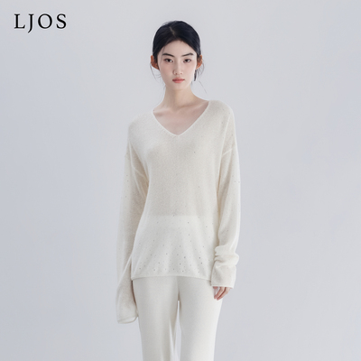 【孙乐言同款】LJOS流光白银河碎钻羊绒针织衫2025冬白色烫钻上衣