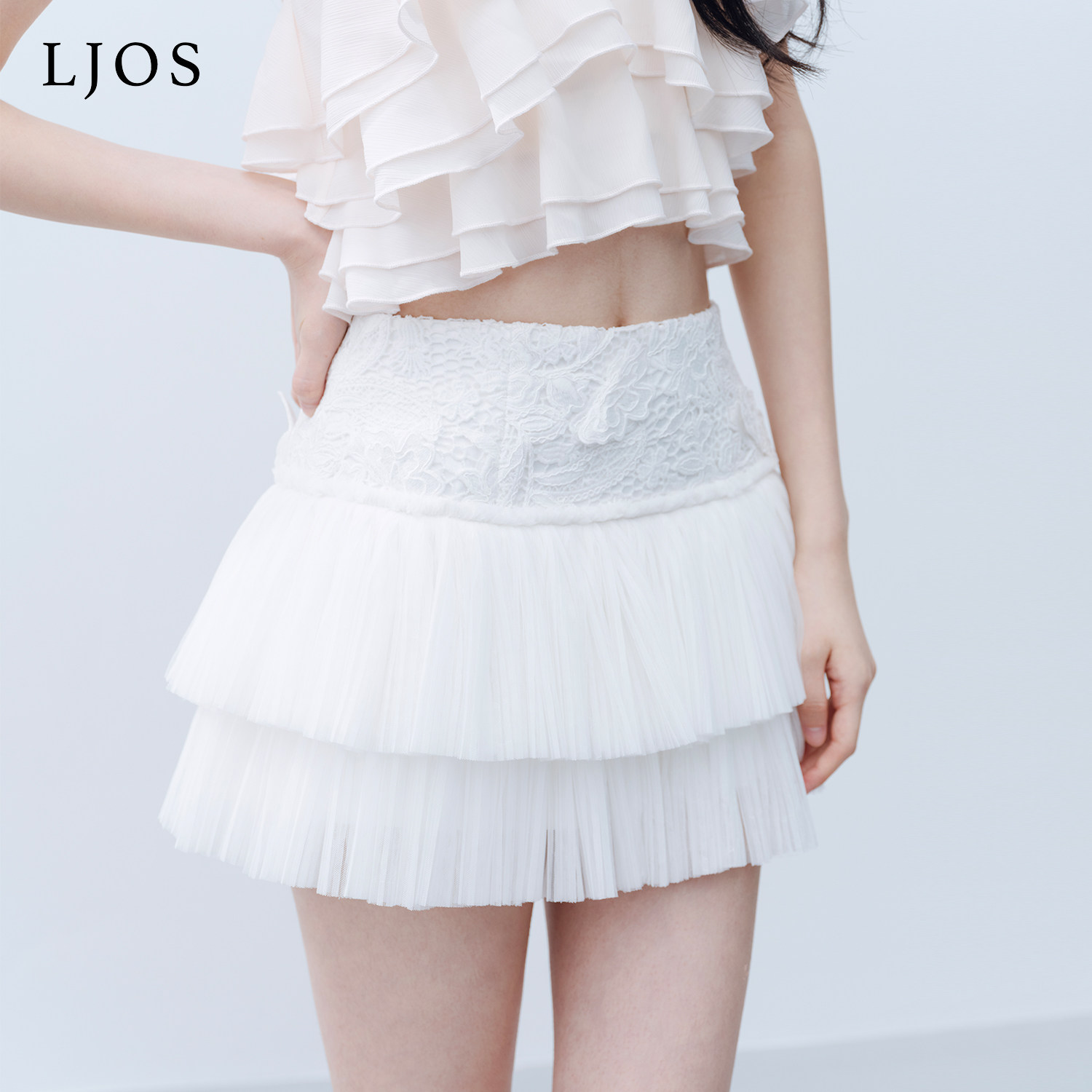 【SNH48杨冰怡同款】LJOS玉脂白鱼骨蕾丝拼接雪纺半身裙2026早春