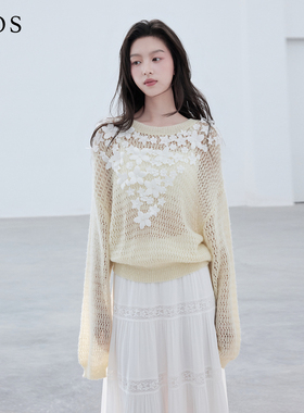 LJOS青苹果绿花朵装饰针织罩衫2025早春圆领镂空针织上衣宽松慵懒