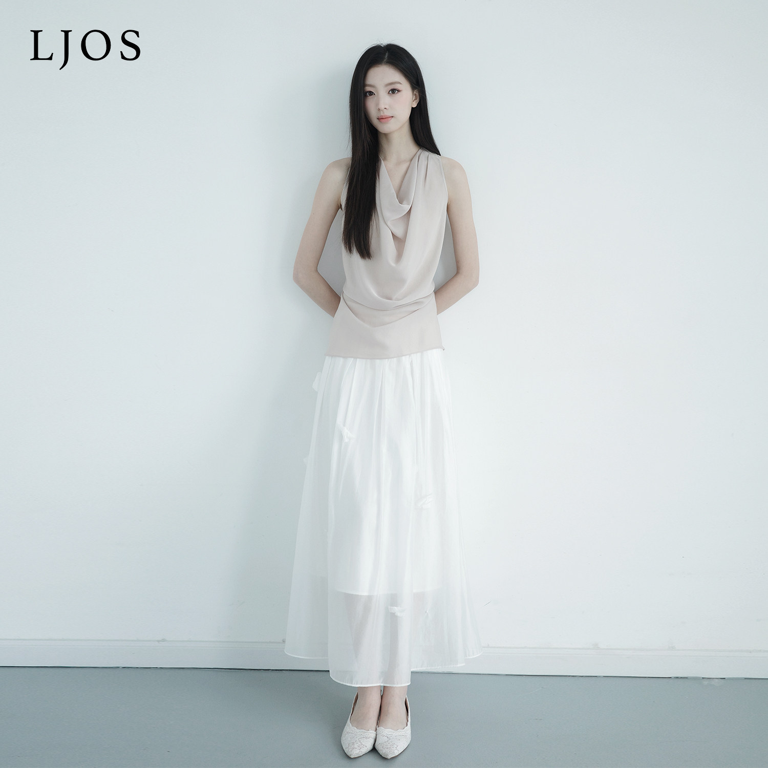 LJOS |玉山白落花人丝欧根纱半身裙2026夏季新品白色半裙显瘦简约