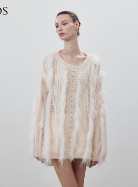 【包上恩同款】LJOS奶杏色狐狸毛拼接针织衫高级感毛衣宽松上衣