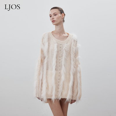 LJOS奶杏色狐狸毛拼接针织衫慵懒风高级感毛衣宽松秋冬上衣温柔