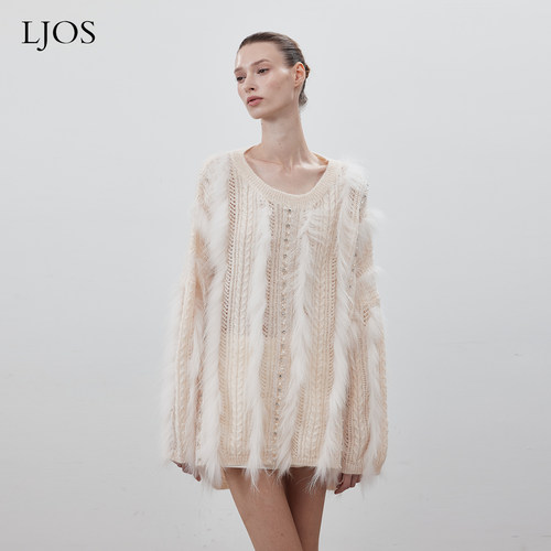 LJOS奶杏色狐狸毛拼接针织衫慵懒风高级感毛衣宽松秋冬上衣温柔