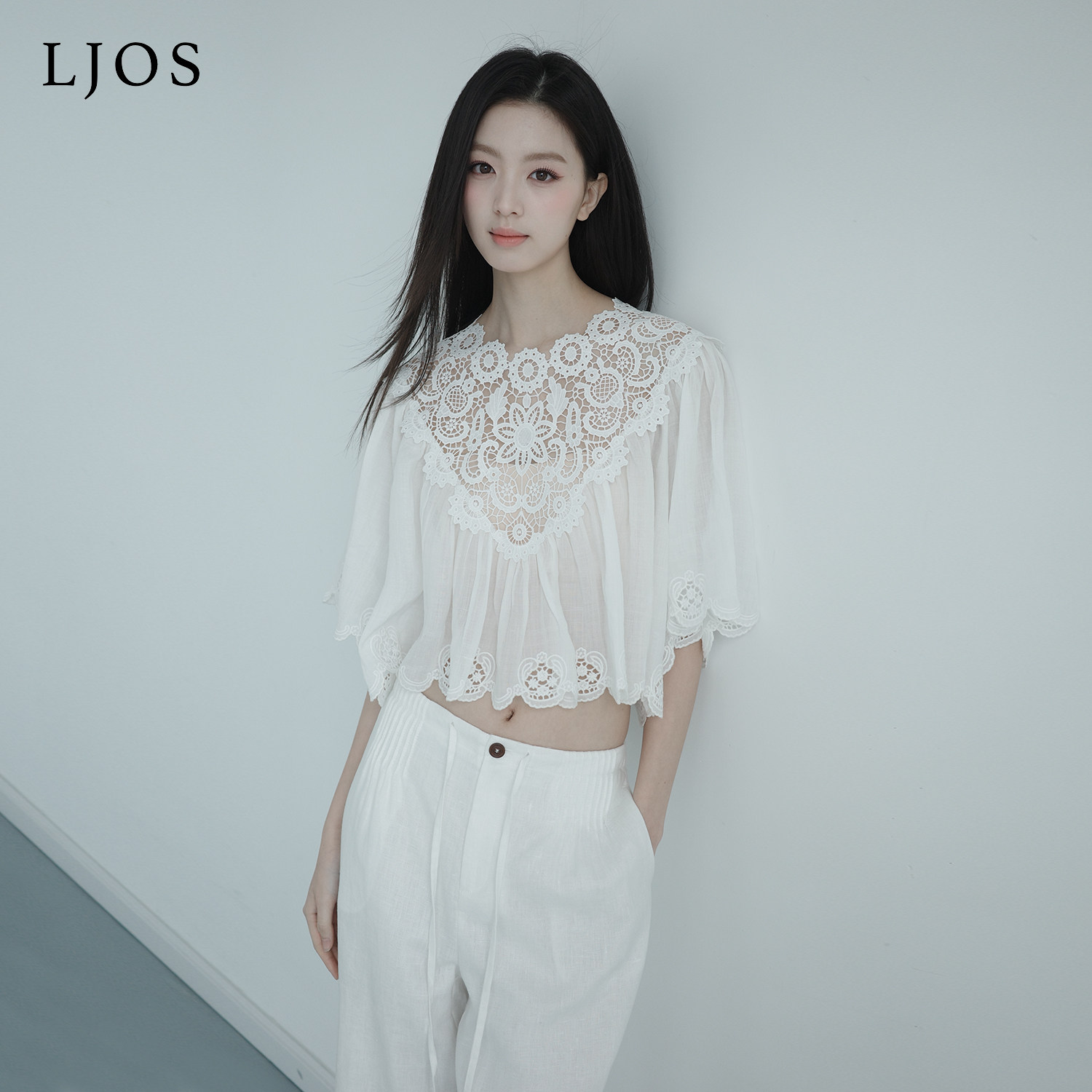 LJOS |晨雾白刺绣镂空拼接苎麻衬衫2026夏季短袖白色上衣度假