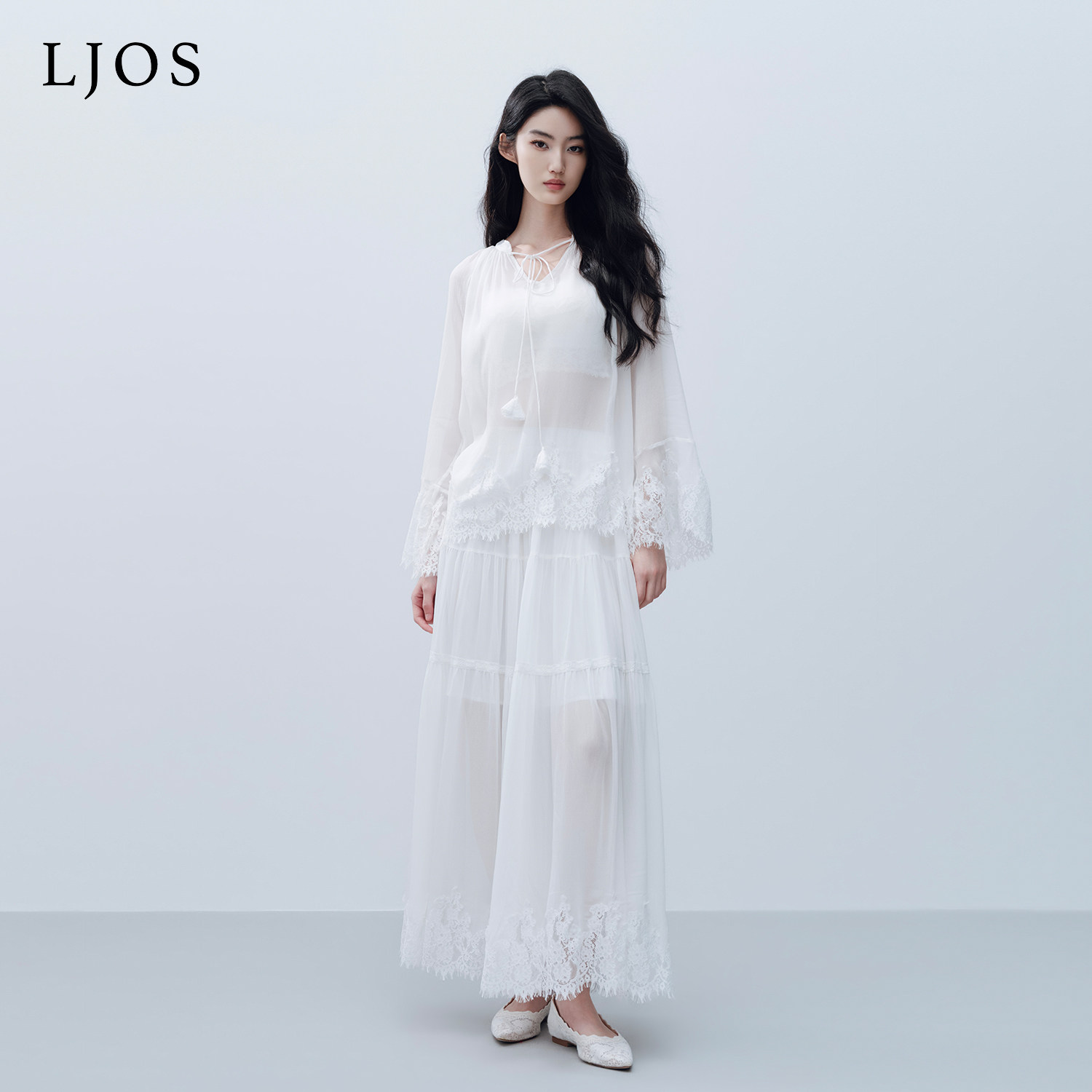 LJOS | 浅云白睫毛蕾丝拼接人丝半裙2026早春新品白色半身裙长裙