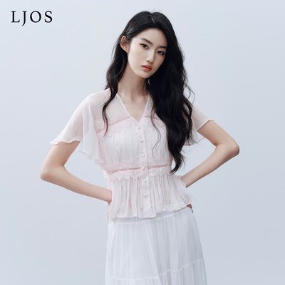 LJOS | 牡丹淡粉蕾丝拼接人丝短袖衬衫2026早春新品粉色上衣