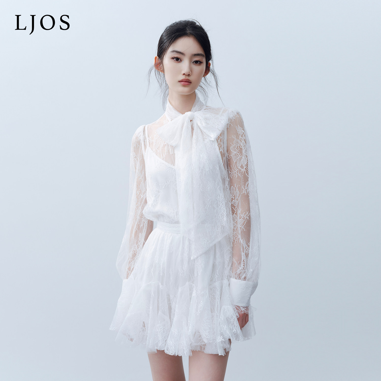 LJOS | 银莲花白重工睫毛蕾丝裁片不规则半裙绑带法式衬衫早春
