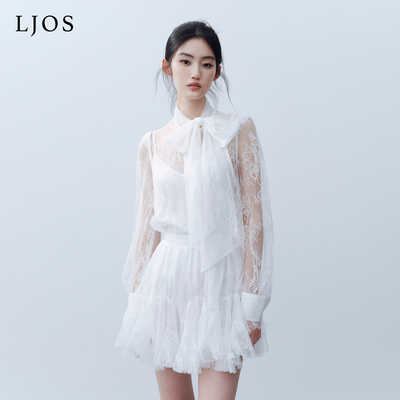 LJOS | 银莲花白重工睫毛蕾丝裁片不规则半裙绑带法式衬衫早春