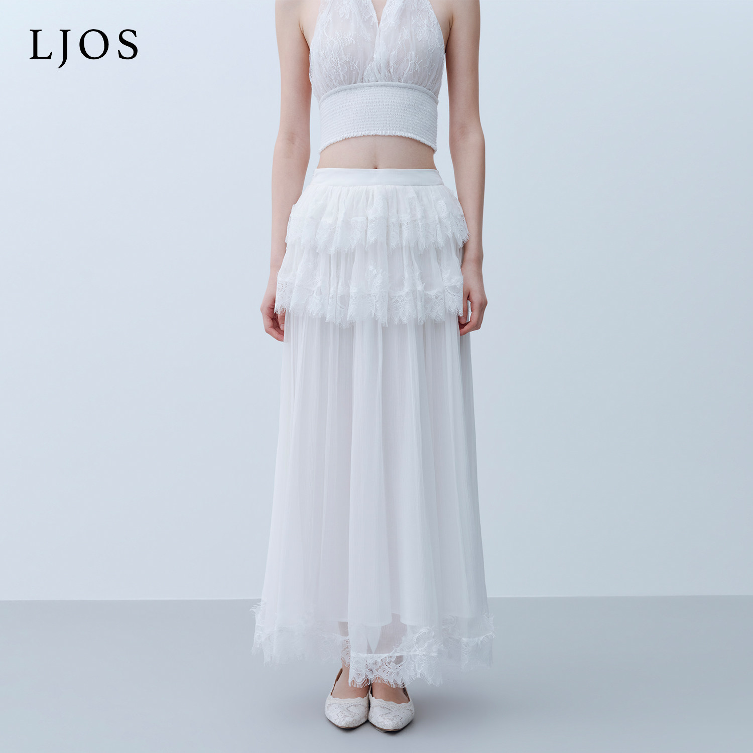 LJOS | 云絮白睫毛蕾丝拼接低腰人丝半身裙2026早春新品白色半裙