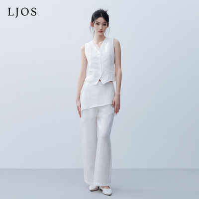 LJOS | 木棉白蕾丝拼接天丝亚麻马甲绑带天丝亚麻裙裤2026早春