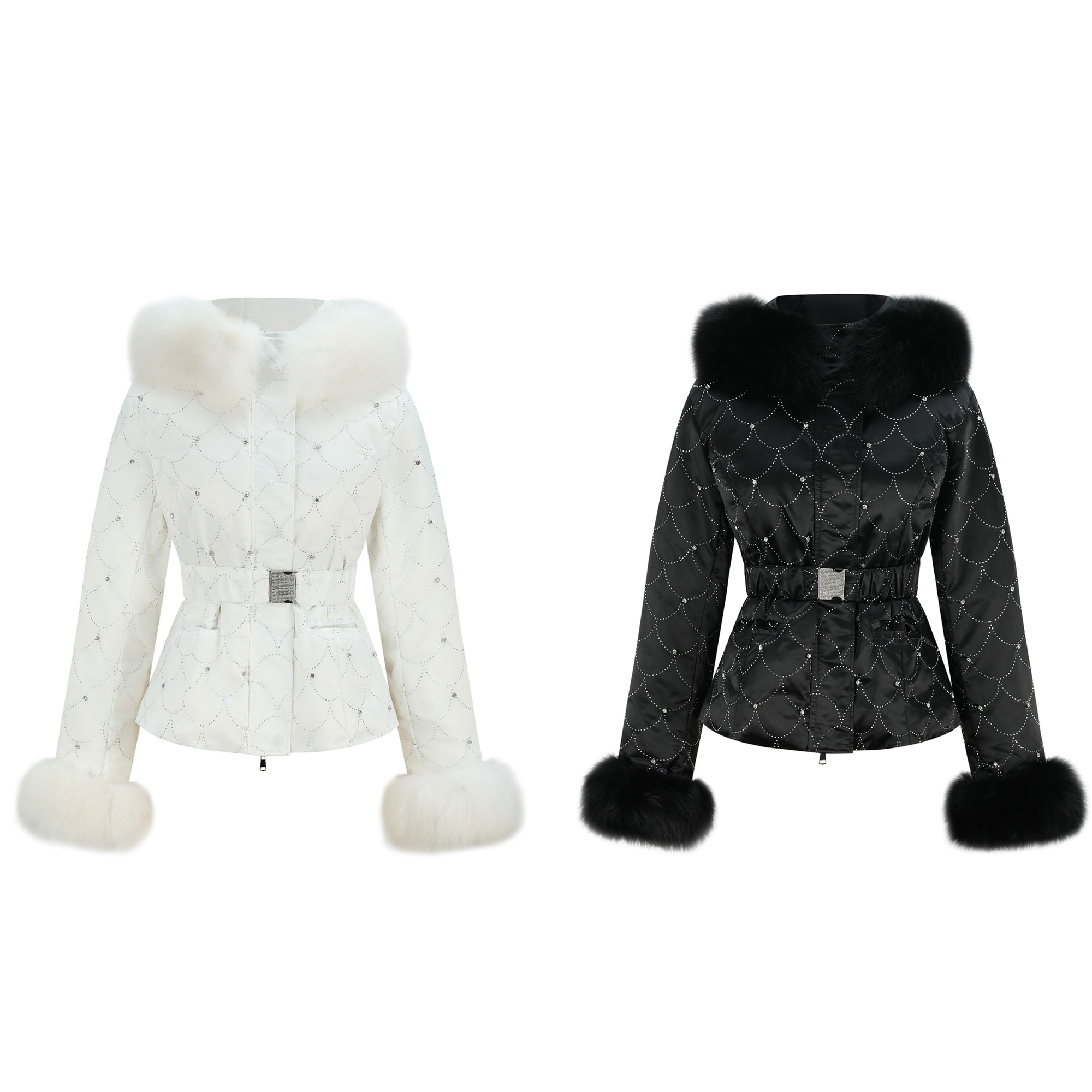 LJOS | 短款羽绒服外套水钻装饰毛毛领2025冬黑色白色女收腰