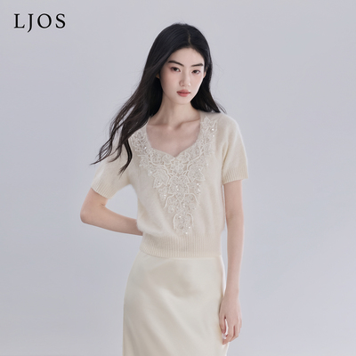 LJOS | 重工钉珠天丝羊毛短袖针织衫2025冬白色毛衣收腰显瘦气质