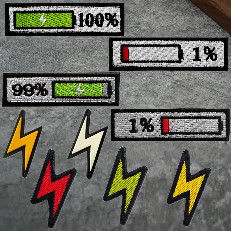 闪电士气章 电量显示刺绣魔术贴迷你徽章 电量充足臂章创意背包贴