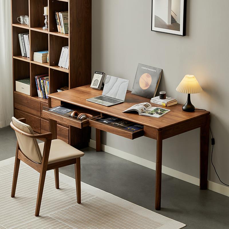 北美黑胡桃木书房电脑桌日式轻奢写字台北欧现代简约实木办公原木