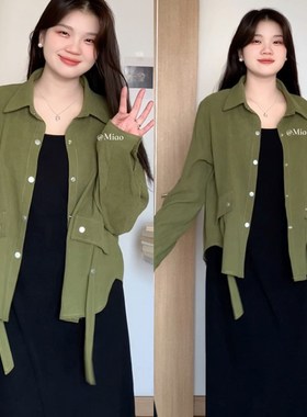 微胖的喵喵 梨形mm秋季显瘦休闲百搭衬衫吊带连衣裙R大码套装 663