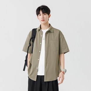 夏季 男士 薄款 宽松休闲半袖 衬衣外套 冰丝短袖 上衣男生夏天工装 衬衫