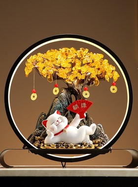 躺赚招财猫摆件新中式发财树高级客厅G玄关酒柜装饰品乔迁新居礼