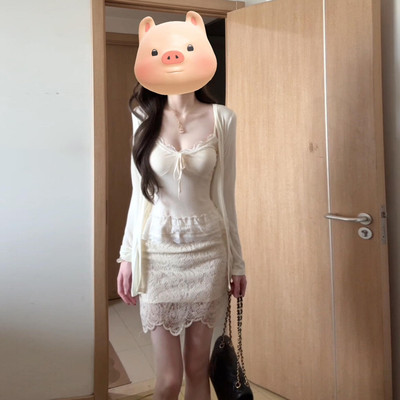 法式蕾丝花边针织吊带连