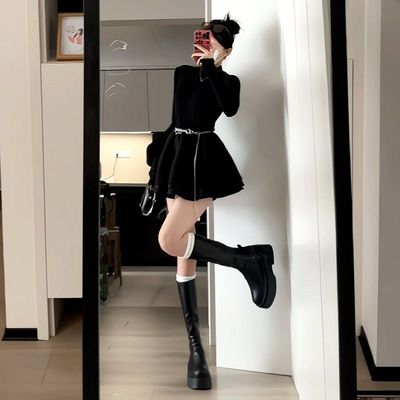 2025秋冬季半高领打底内搭显瘦小黑裙高级感气质公主蓬蓬连衣裙