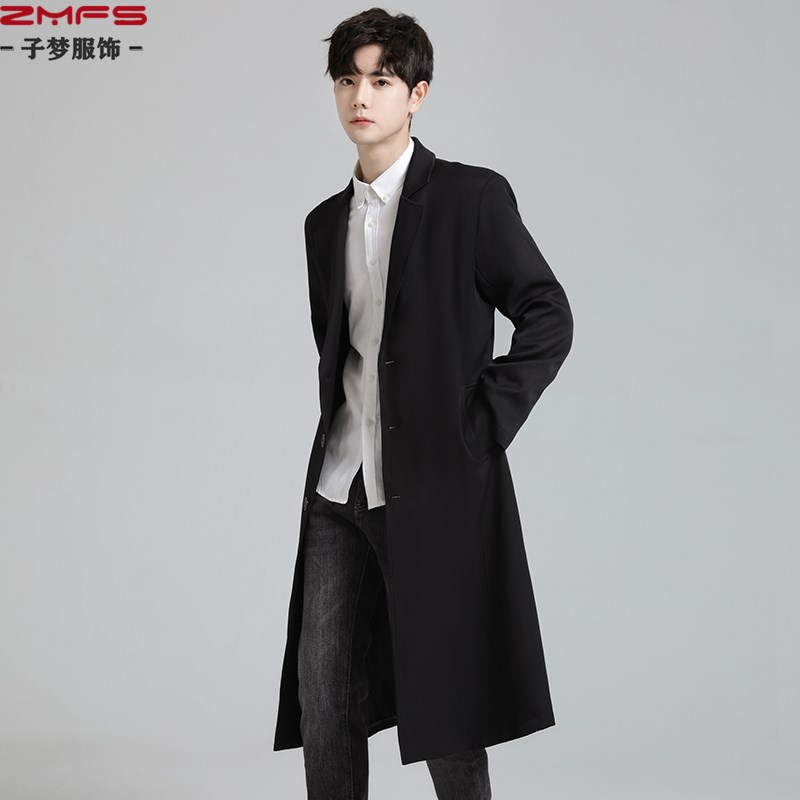 新款秋季男士中长款西服领修身风衣男装韩版休闲S长款过膝大衣外