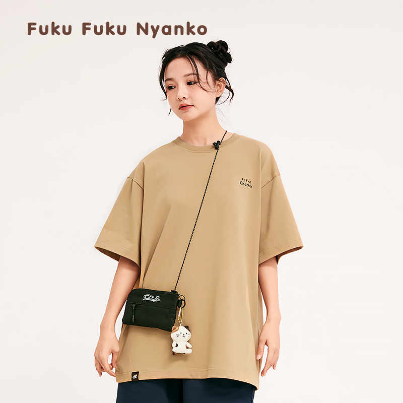 Hapins日系穿搭猫咪印花圆领棉短袖T恤女百搭洋气显瘦上衣