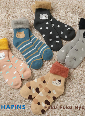 FFN加绒中筒袜毛圈加厚保暖冬季女毛绒家居地板袜可爱猫咪长筒袜