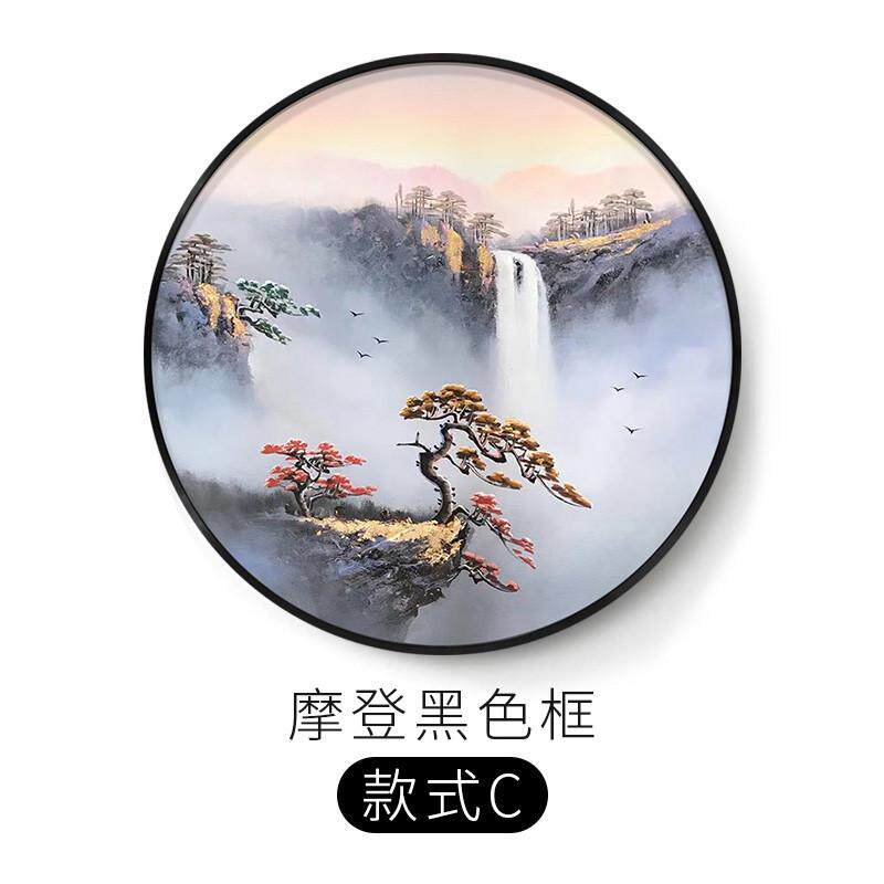 SI6K新中式入户正对墙挂画客厅玄关带灯圆形装饰画手绘山水油画迎