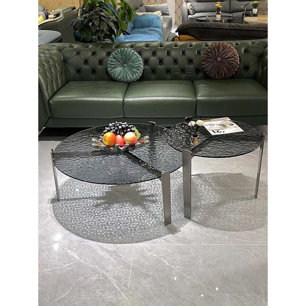 现代简约水波纹玻璃茶几轻奢不锈钢大小圆茶几组合设计师客厅家用