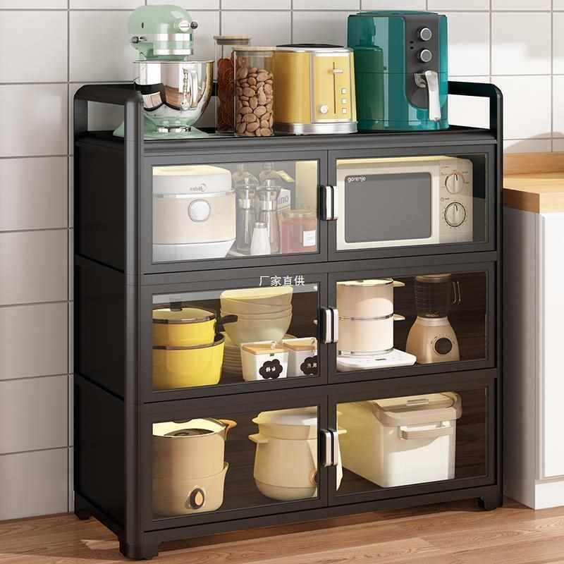 批发厨房带玻璃门橱柜防尘落地多层多功能置物架碗碟锅具电器储物